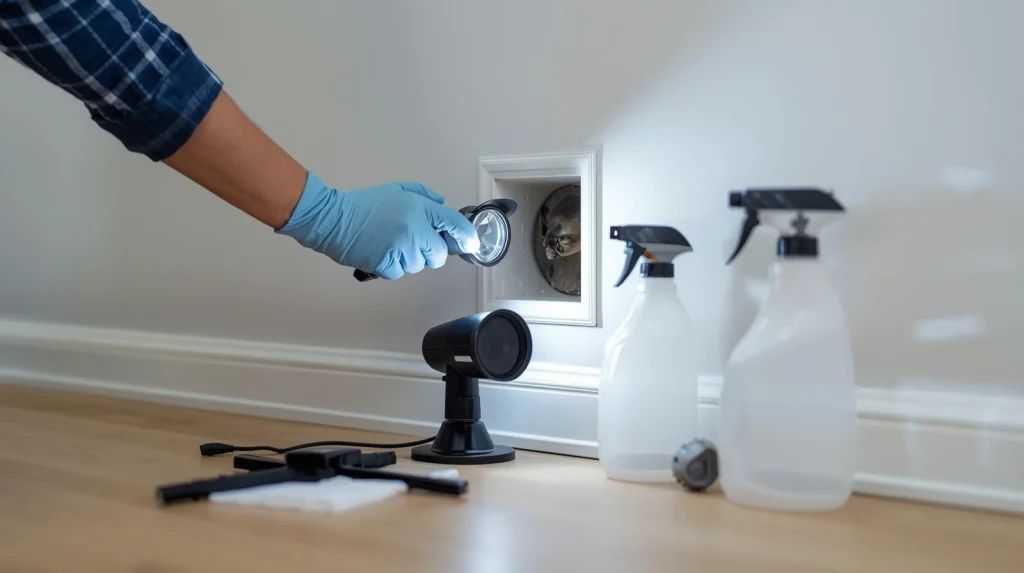 Pest control expert inspecting wall vent for dead rodent.